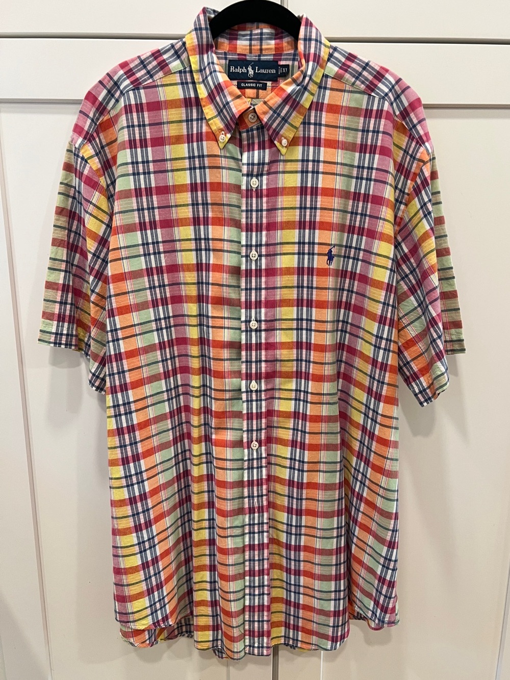 MEN’S POLO RALPH LAUREN MADRAS PLAID SHORT SLEEVE BUTTON FRONT SHIRT, SIZE XL.